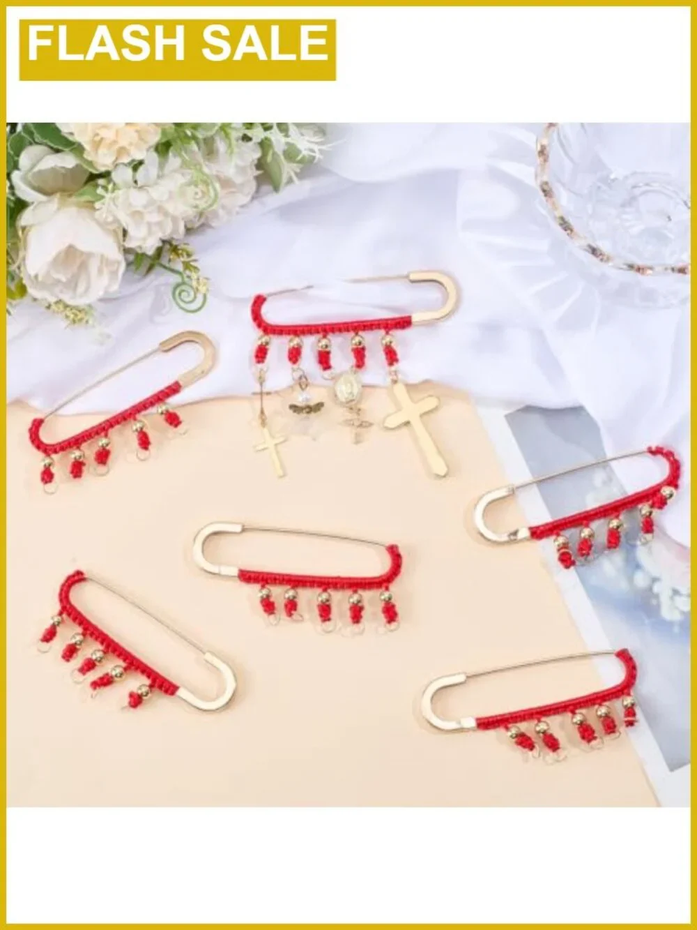 6PC Vintage Safety Brooch Pins with Red Rope Evil Eye Protection Charm Gold